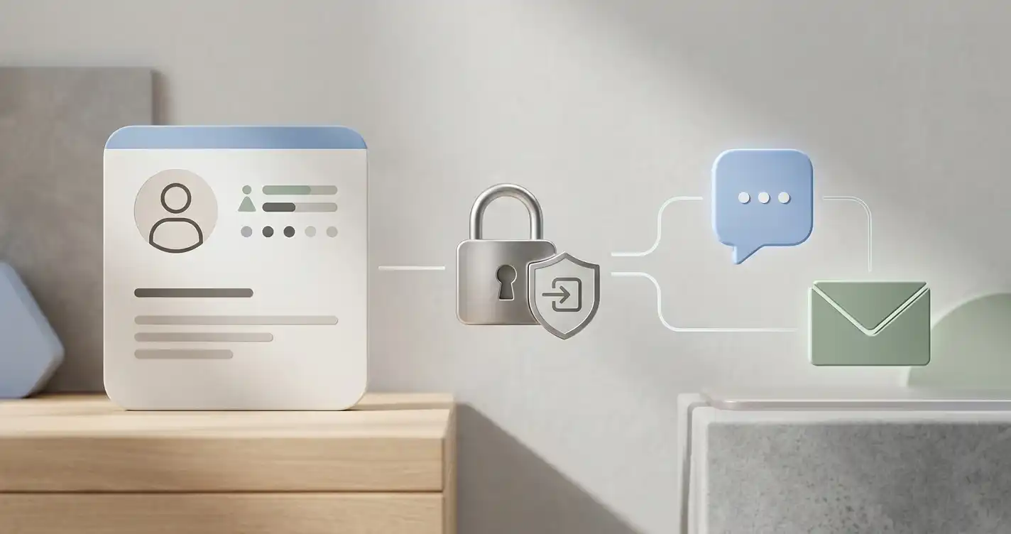 Neutral illustration af kontoproces med profil, sikker login, chat og email