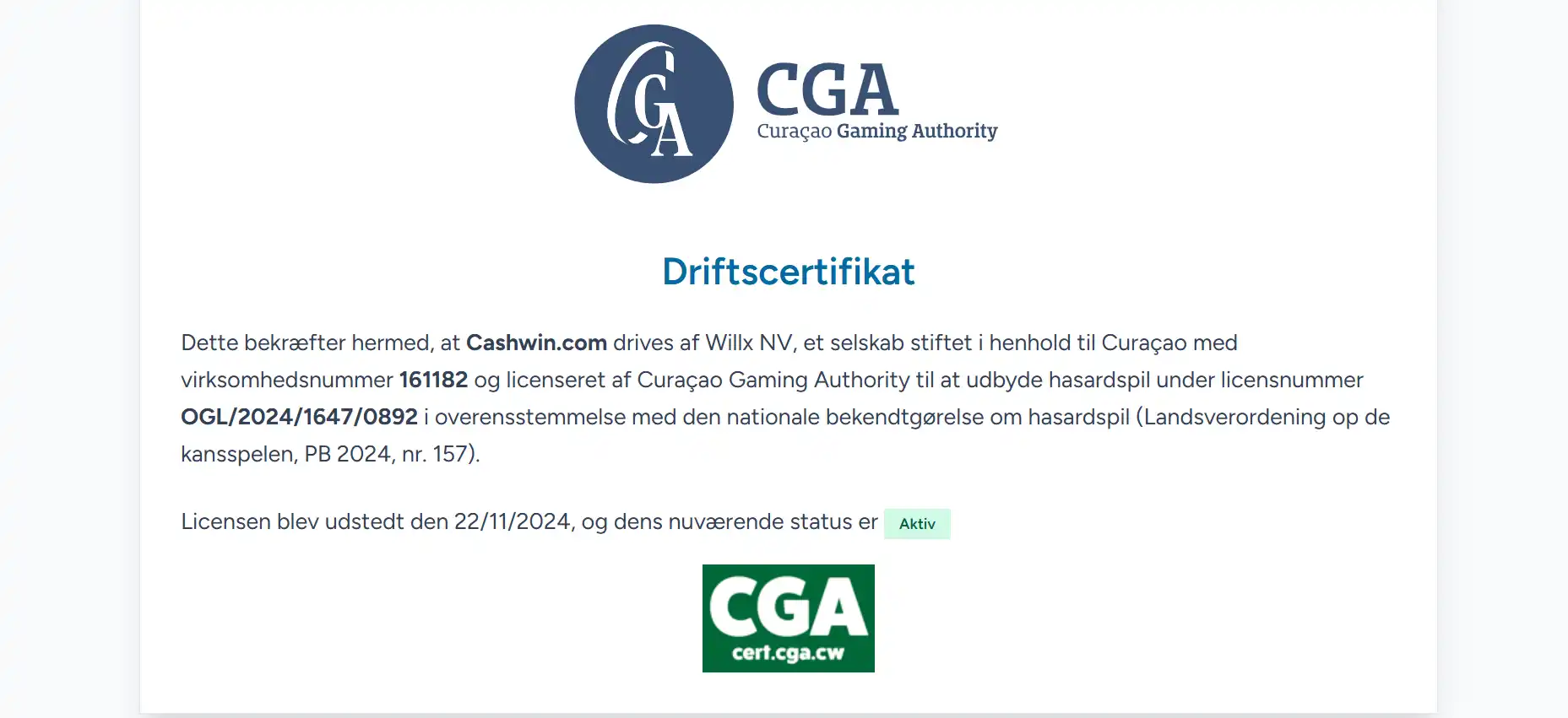 Skærmbillede af Curaçao Gaming Authority-certifikatet for CashWin.com og Willx N.V.