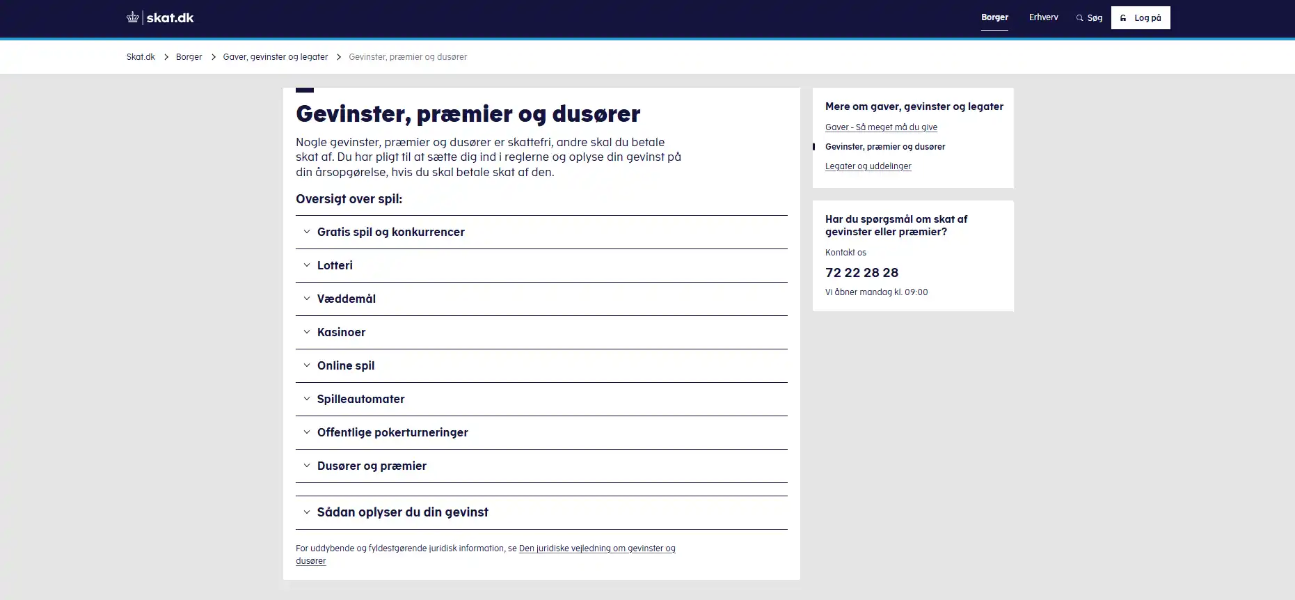 Skærmbillede af SKATs aktuelle afsnit om udenlandske online spil og skattefrihed