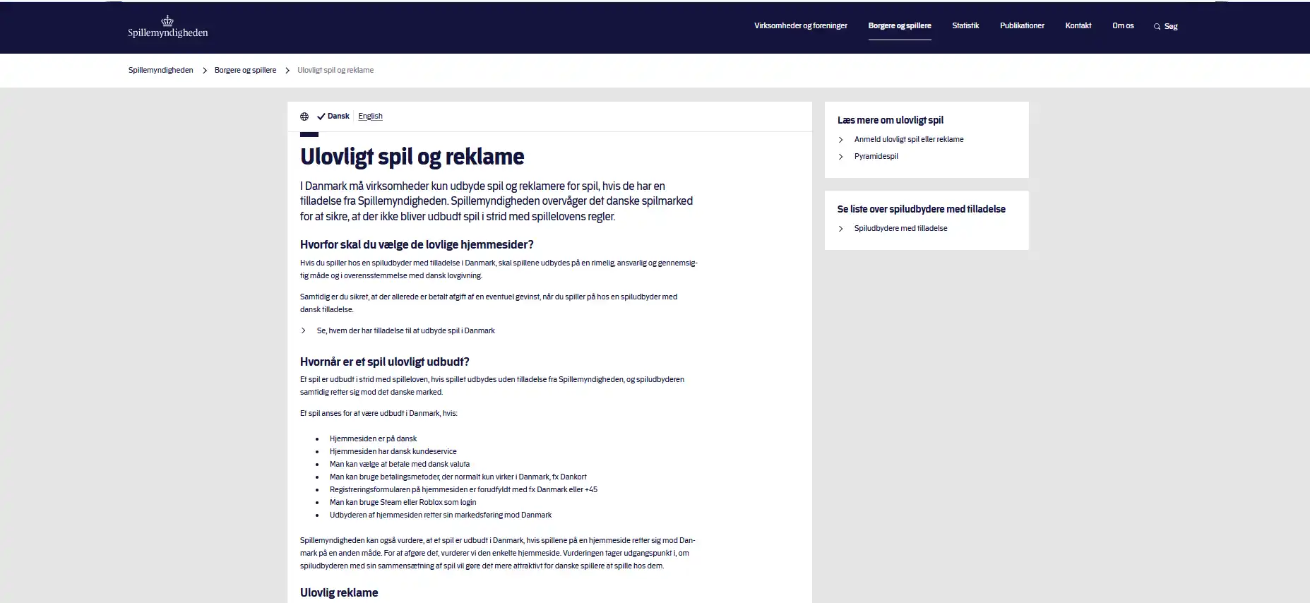 Skærmbillede af Spillemyndighedens side om ulovligt spil og reklame i Danmark