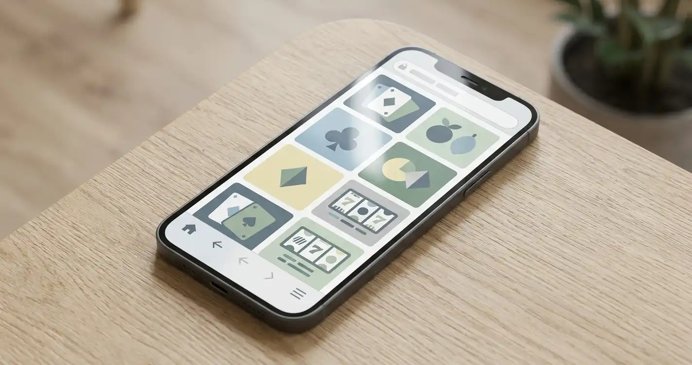 Smartphone med neutral mobilbrowser og abstrakt casino-interface uden app-store logoer