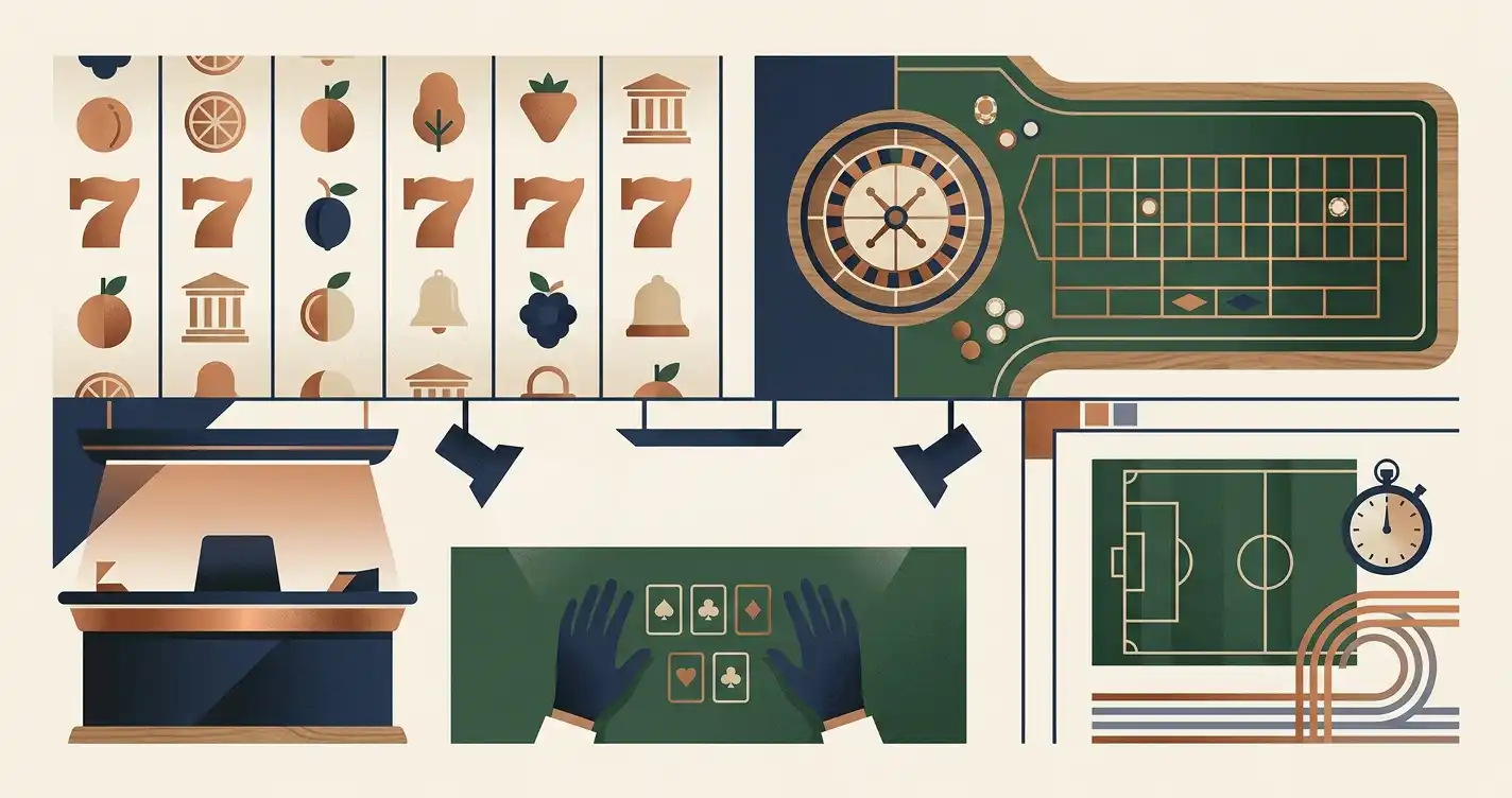 Neutral illustration af slots, roulette, live casino og sportsbook