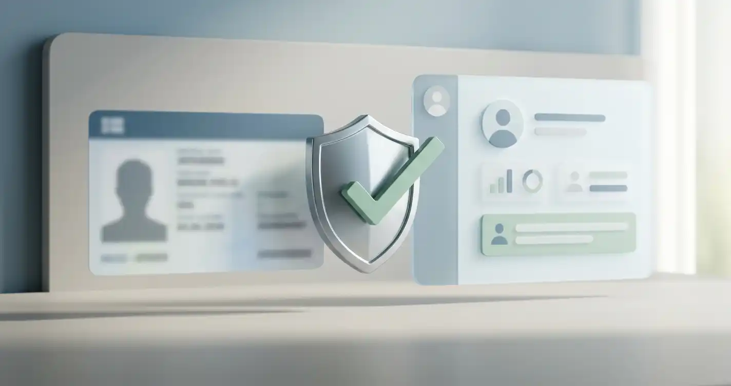 Neutral illustration af identitetsverificering med sløret ID-symbol, skjold og godkendelsesmarkering