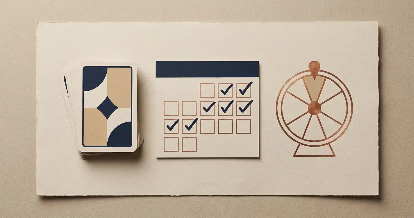 Neutral illustration af bonusvilkår med kort, kalender og checkliste