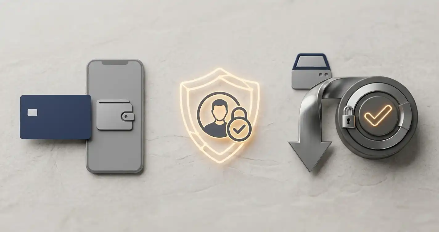 Illustration af betaling, identitetskontrol og udbetaling